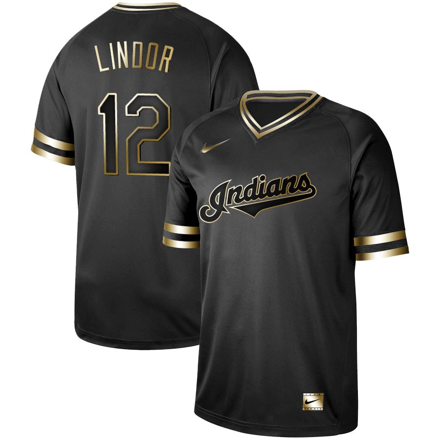 Men Cleveland Indians #12 Lindor Nike Black Gold MLB Jerseys